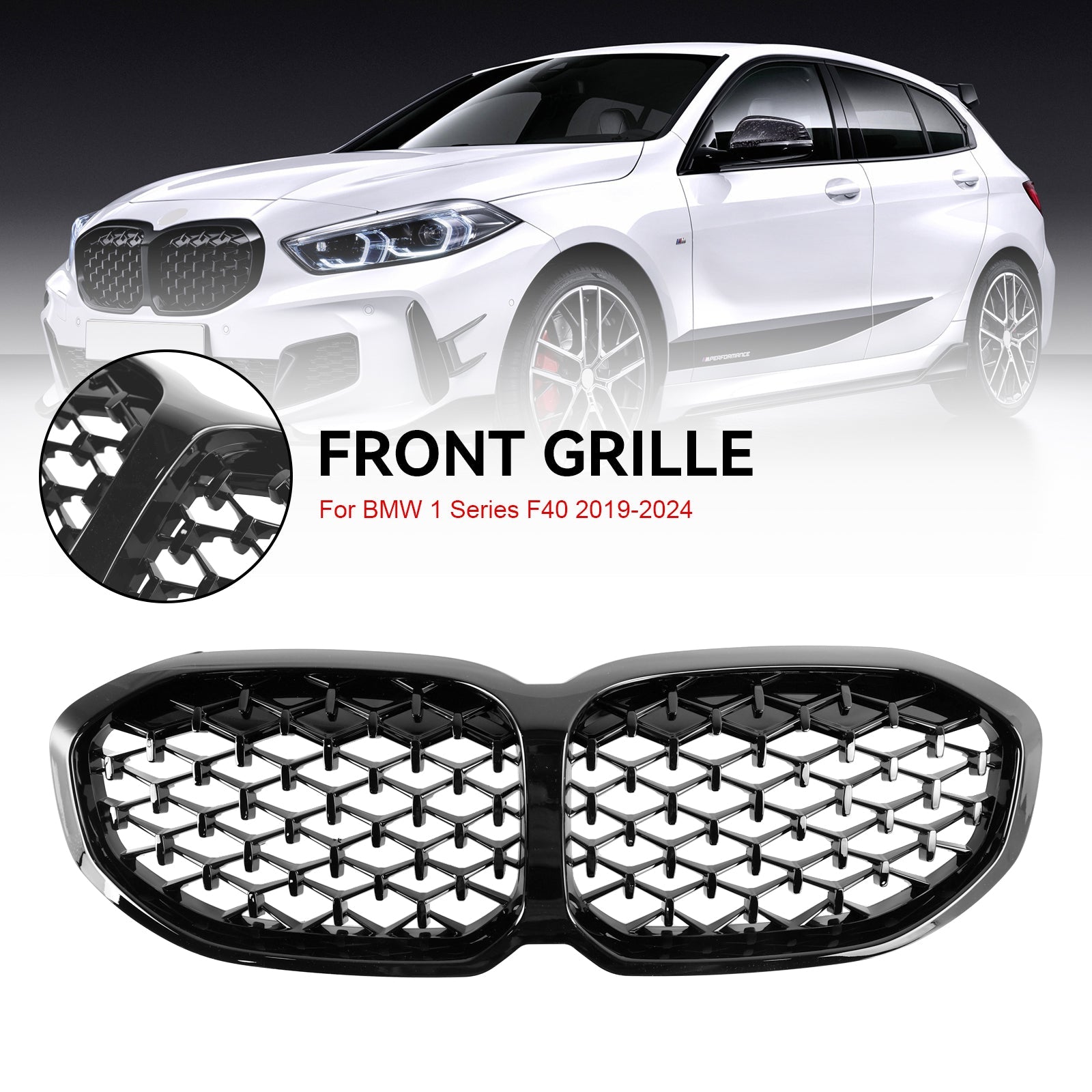 Parrilla delantera tipo riñón en color negro brillante con diseño de diamante para BMW Serie 1 F40 118i 120i 116d 118d M135i 2019-2024