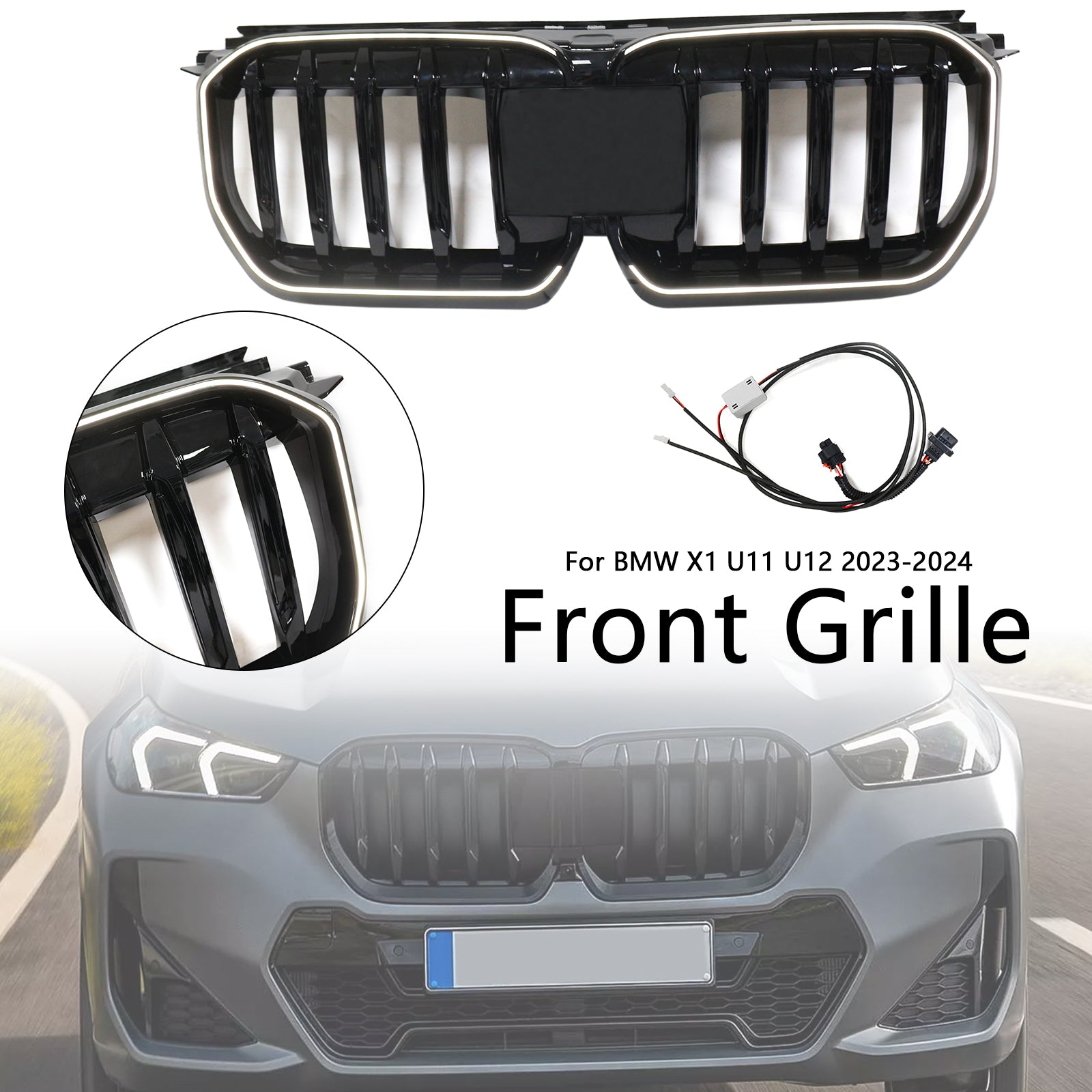 Grille de calandre de pare-chocs avant noire brillante pour BMW X1 U11 U12 2023-2024