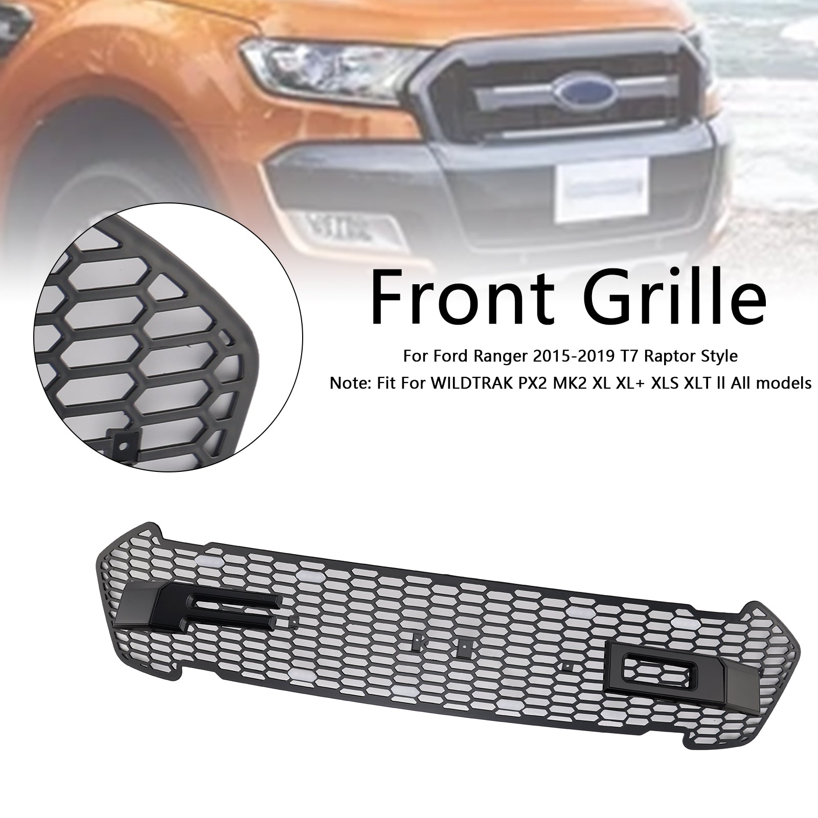 Matte Black Front Bumper Grill Grille Fit Ford Ranger 2015-2019 T7 W/LED