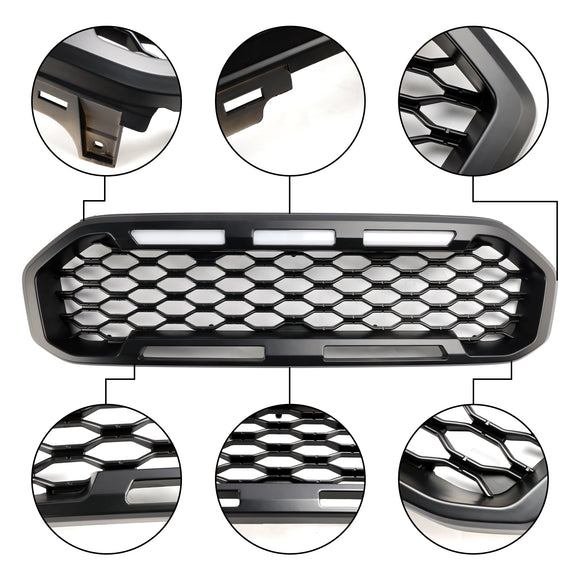 Ford Ranger 2019-2023 Grille de pare-chocs avant Raptor/Nid d'abeille/Grille noire de style maille avec 3 lumières LED blanches