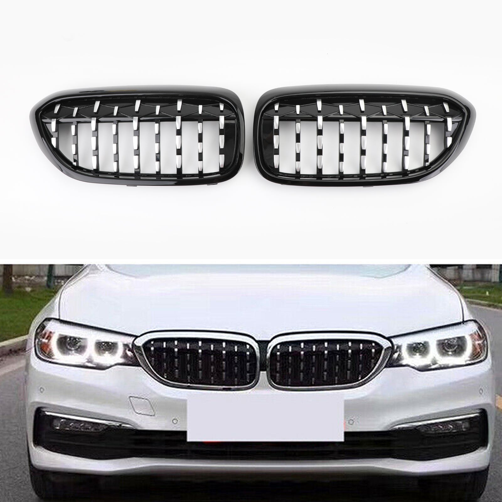 2017-2019 BMW G30 G38 5 Series 520i, 523i, 528i, 530i, 535i, 550i, 520d, 530d, etc. Parrilla frontal estilo diamante negra y cromada genérica