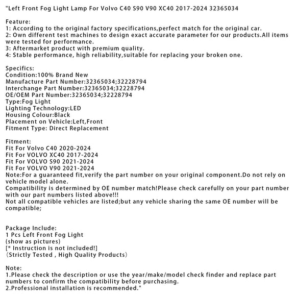 Par de luces antiniebla delanteras para Volvo C40 S90 V90 XC40 2017-2024 32365034