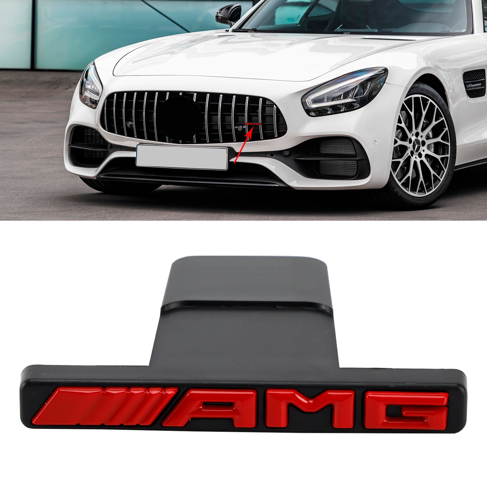 Emblema de parrilla AMG con franja vertical delantera para Mercedes-Benz, cromado, rojo y negro.