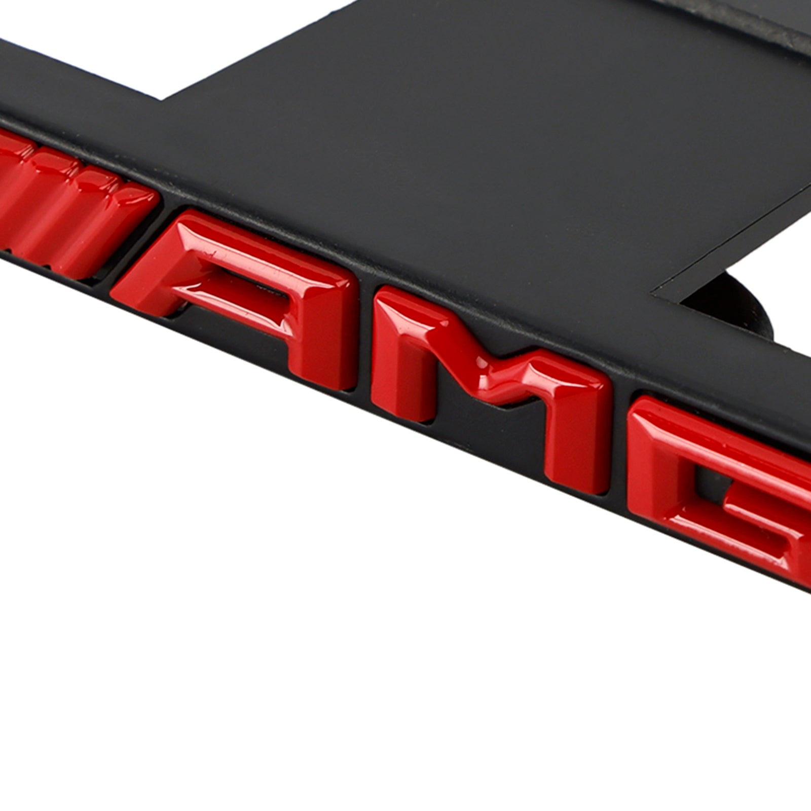 Emblema de parrilla AMG con franja vertical delantera para Mercedes-Benz, cromado, rojo y negro.