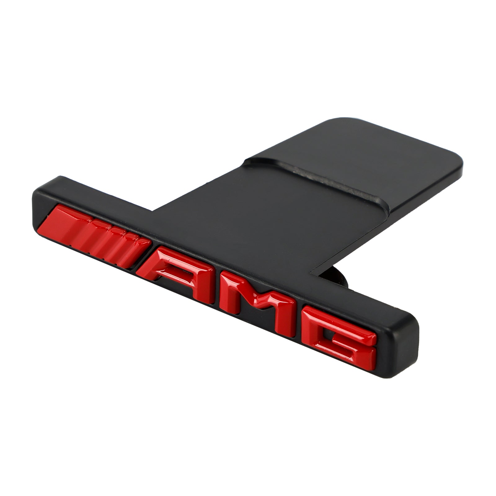 Emblema de parrilla AMG con franja vertical delantera para Mercedes-Benz, cromado, rojo y negro.