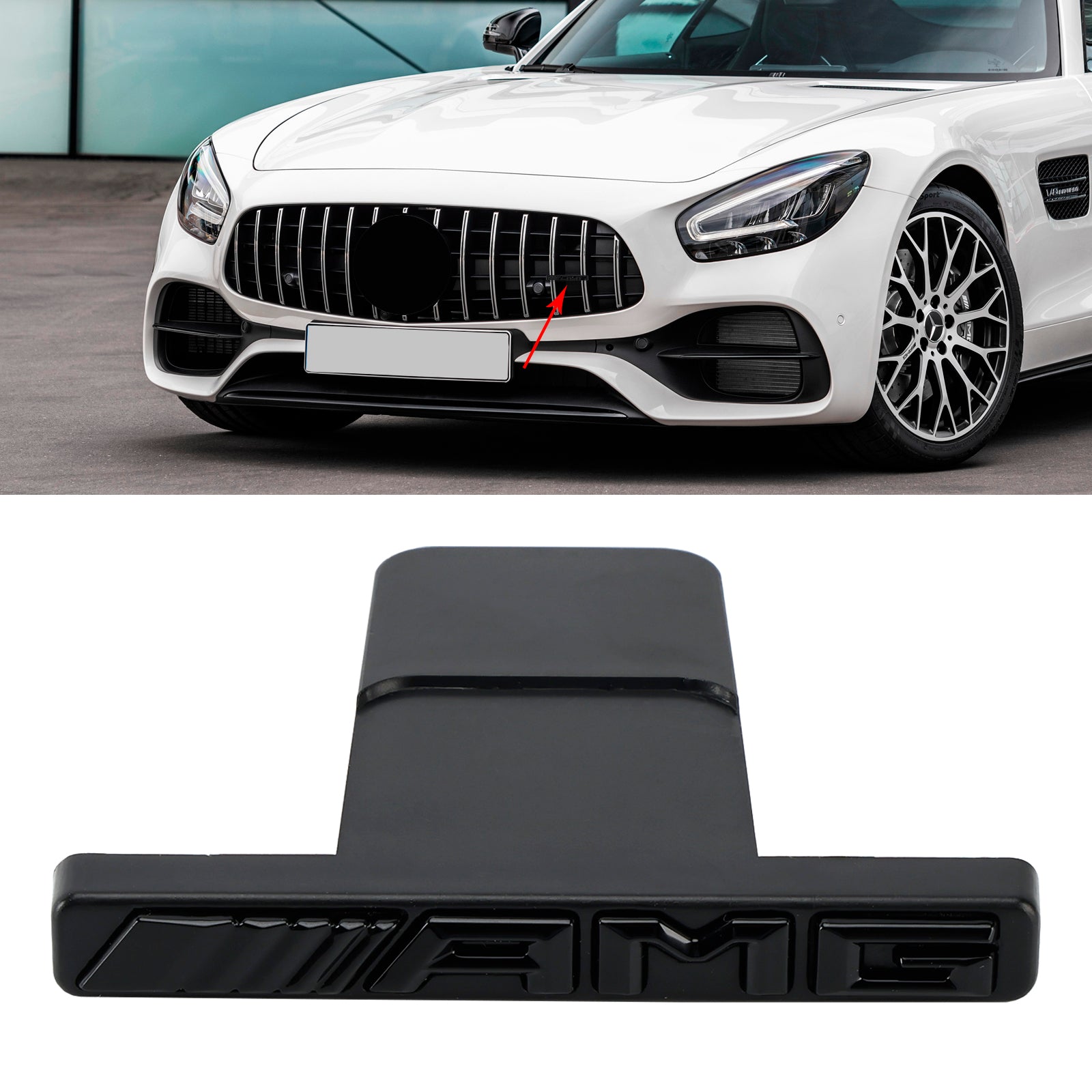 Emblema de parrilla AMG con franja vertical delantera para Mercedes-Benz, cromado, rojo y negro.