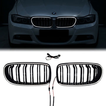 2008-2011 BMW 3 Series E90 E91 LCI Double Line Front Kidney LED Grill Upper Bumper Black Grille