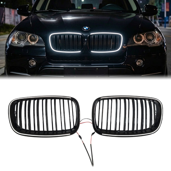 2007-2014 BMW X5 E70/X6 E71 E72 Double lamelles LED Grill pare-chocs avant calandre noire avec anneau en C LED