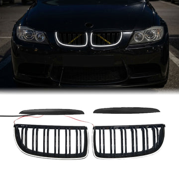 2004-2007 BMW 3 Series E90 E91 Double Line Kidney LED Grill Front Bumper Black Grille W/ U-Ring LED