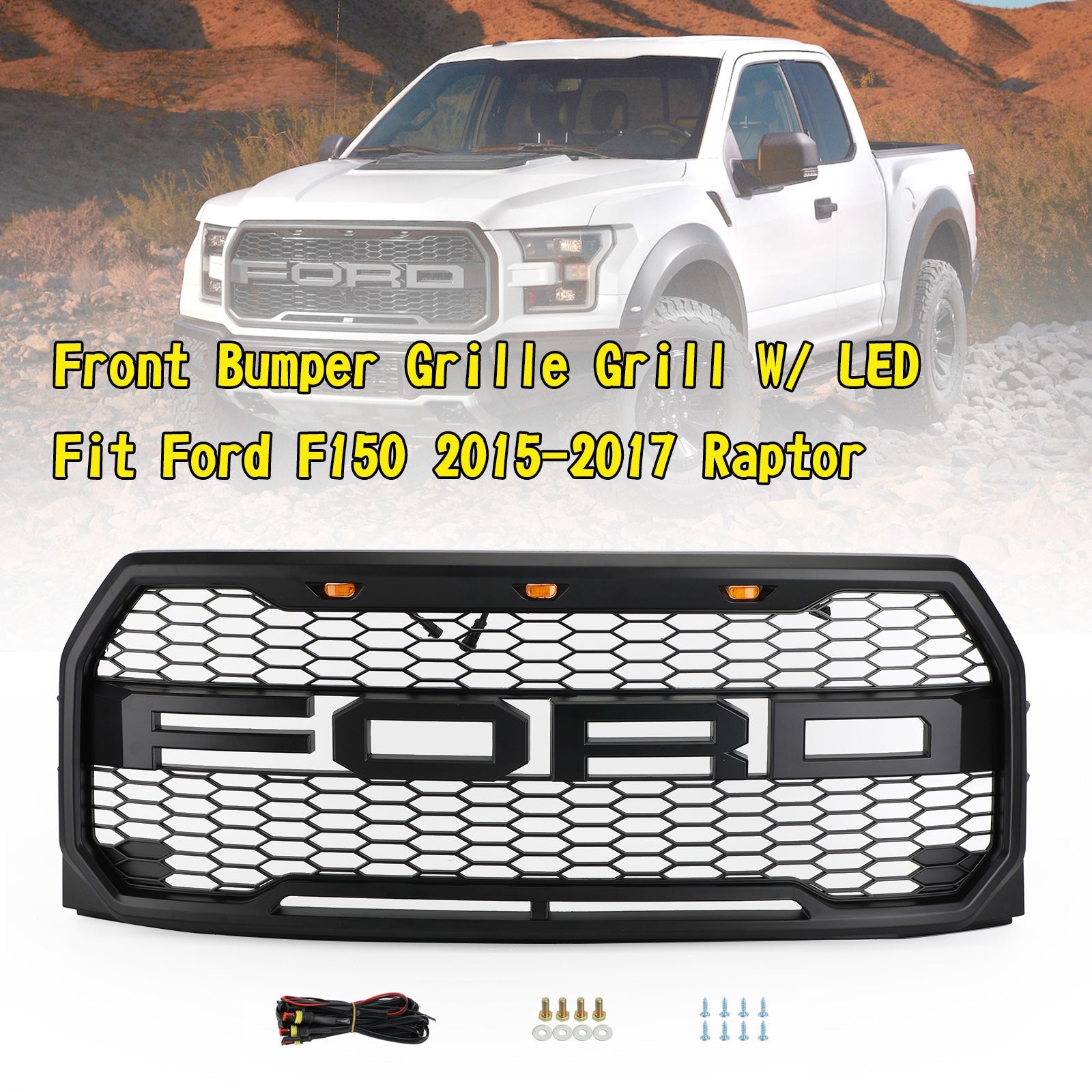 Grille de pare-chocs avant de remplacement de style Raptor pour Ford 2015-2017 F150 XLT/Lariat/Platinum/FX4 Grille noire avec LED