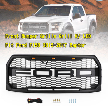 Parrilla delantera negra para Ford F150 2015-2017, parachoques superior, parrilla Raptor tipo panal con LED - 0