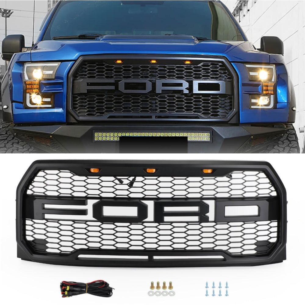 Ford 2015-2017 F150 XLT/Lariat/Platinum/FX4 Raptor Style Front Bumper Grill Replacement Black Grille W/ LED