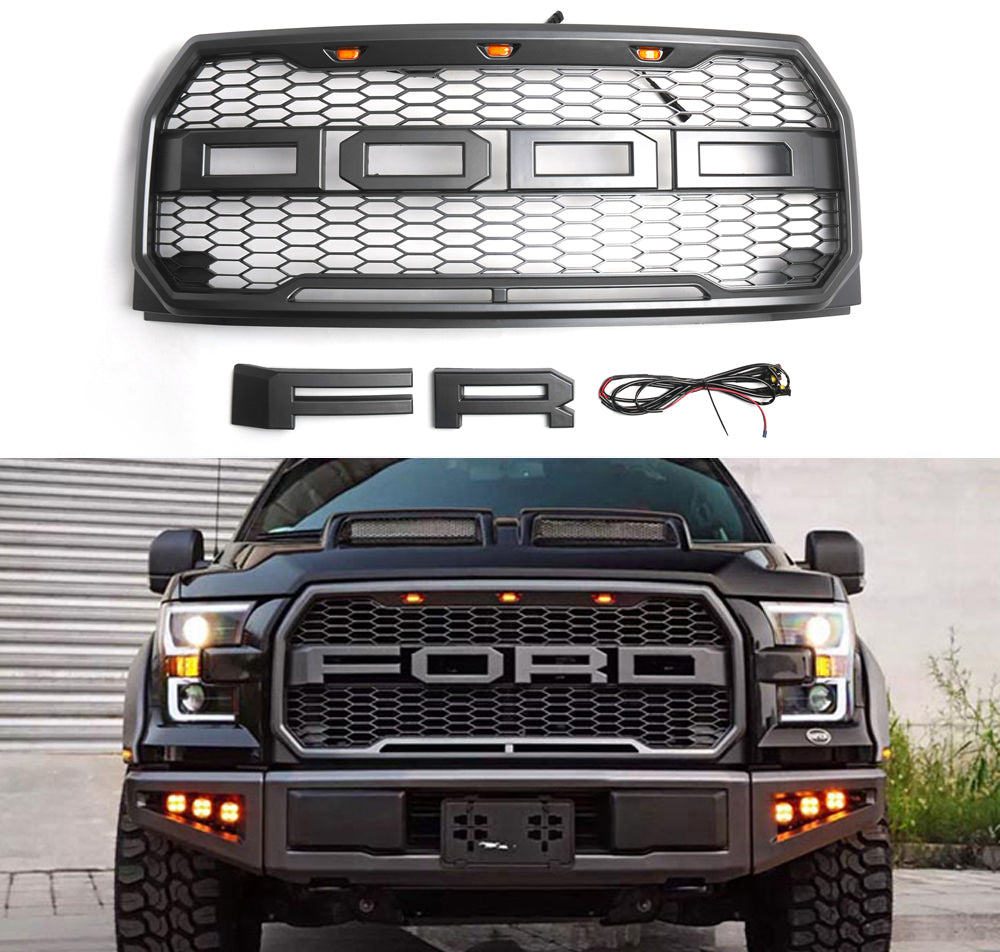 2015-2017 Ford F150 XLT/Lariat/Platinum/FX4 Raptor Style Front Bumper Grill W/ LED Replacement Grey Grille