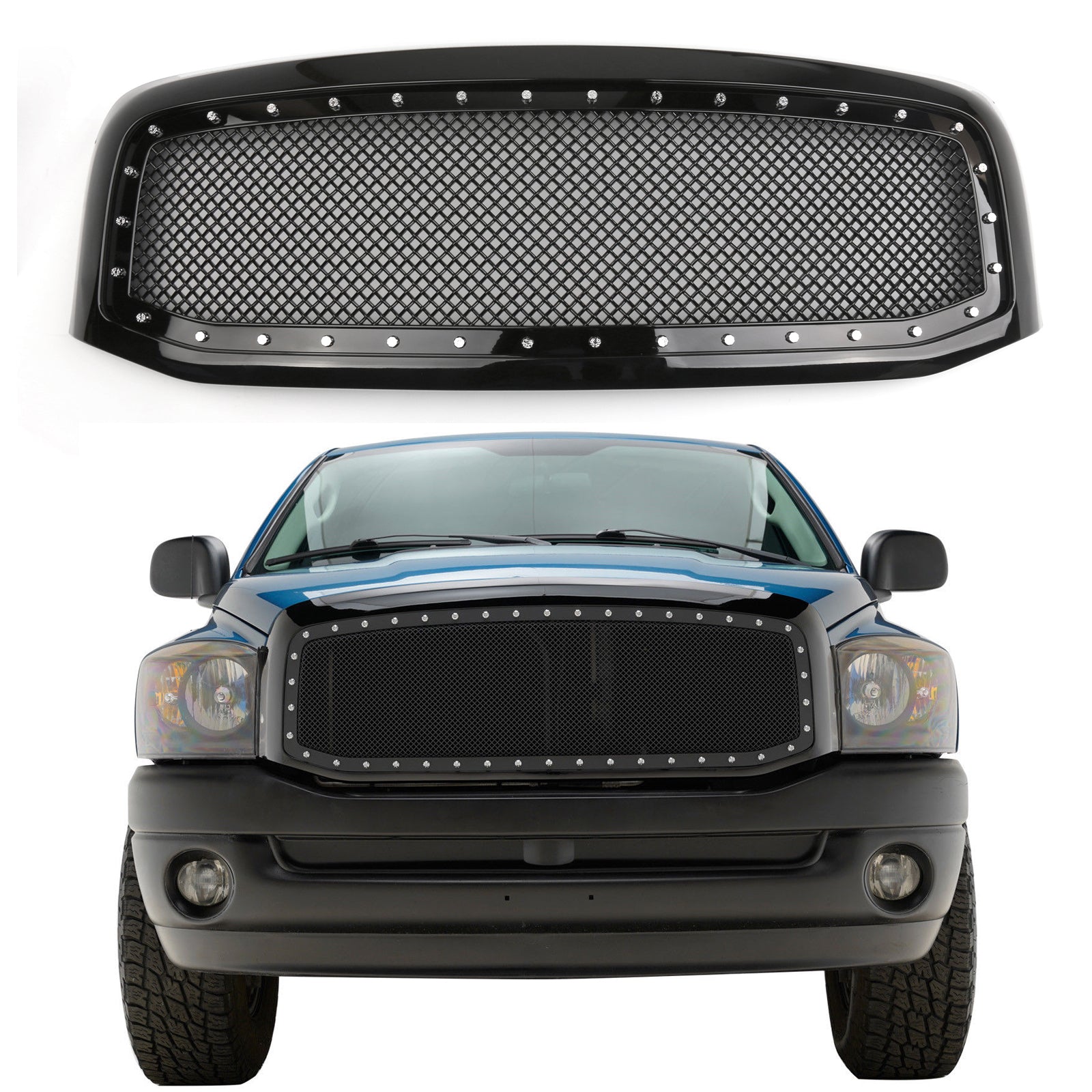 Dodge Ram 1500 2500 3500 2006-2008 Mesh Rivet Grill Replacement Front Hood Black / Chrome Grille