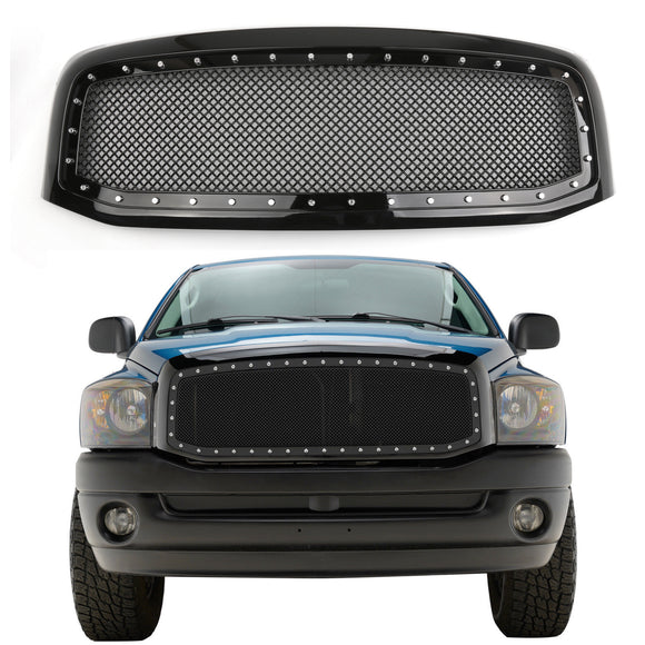 2006-2008 Dodge Ram 1500 2500 3500 Grille avant en maille style rivet Noir brillant Grille de pare-chocs avant