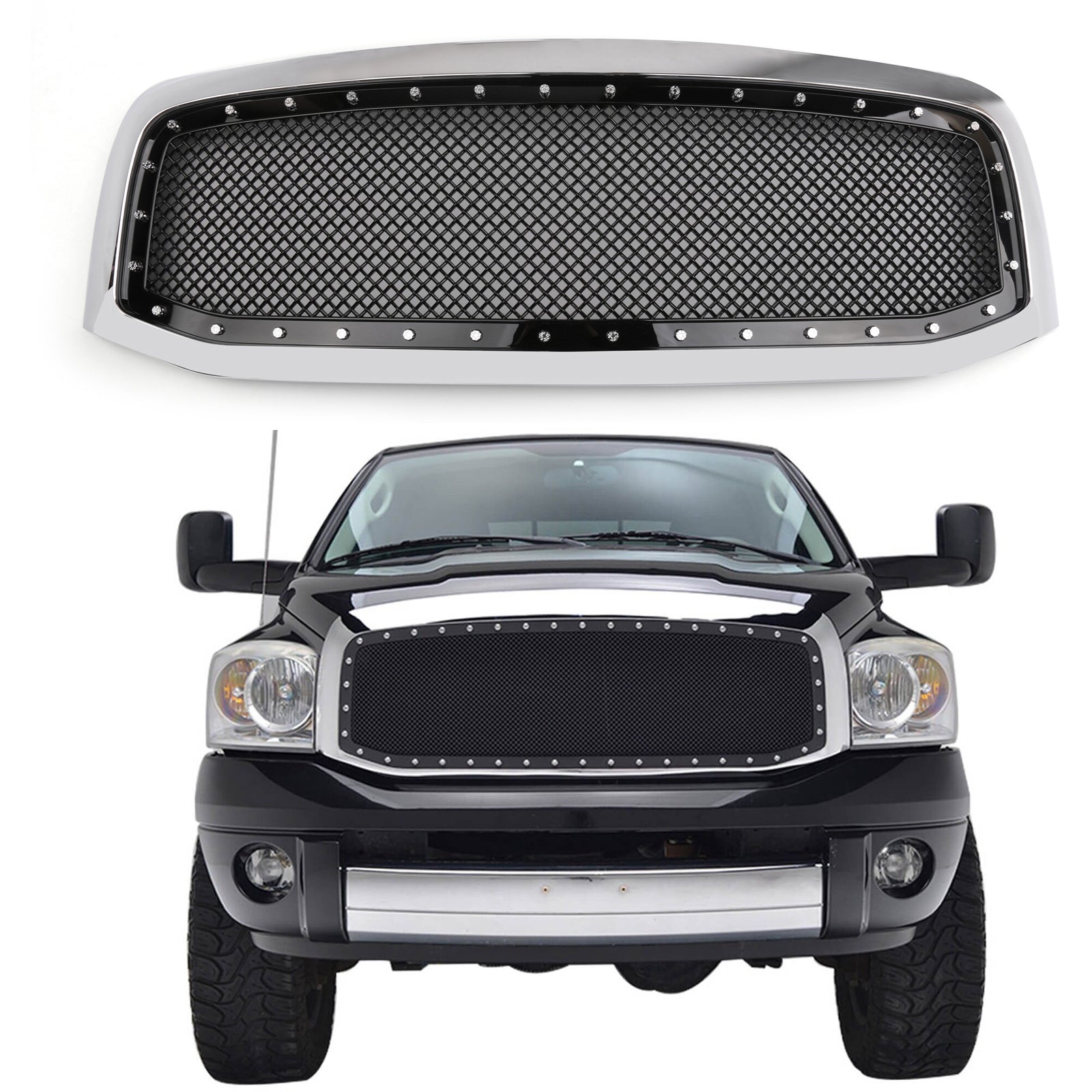 Dodge Ram 1500 2500 3500 2006-2008 Mesh Rivet Grill Replacement Front Hood Black / Chrome Grille - 0