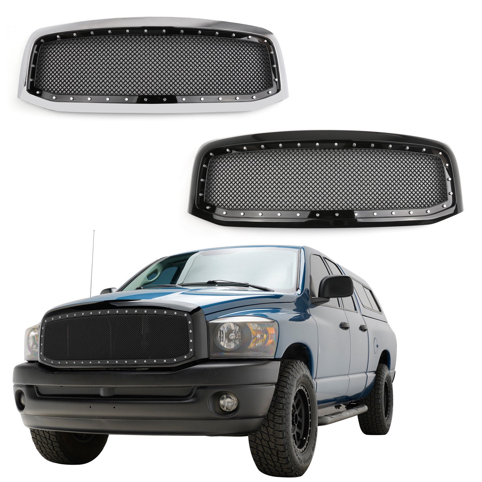 Dodge Ram 1500 2500 3500 2006-2008 Mesh Rivet Grill Replacement Front Hood Black / Chrome Grille