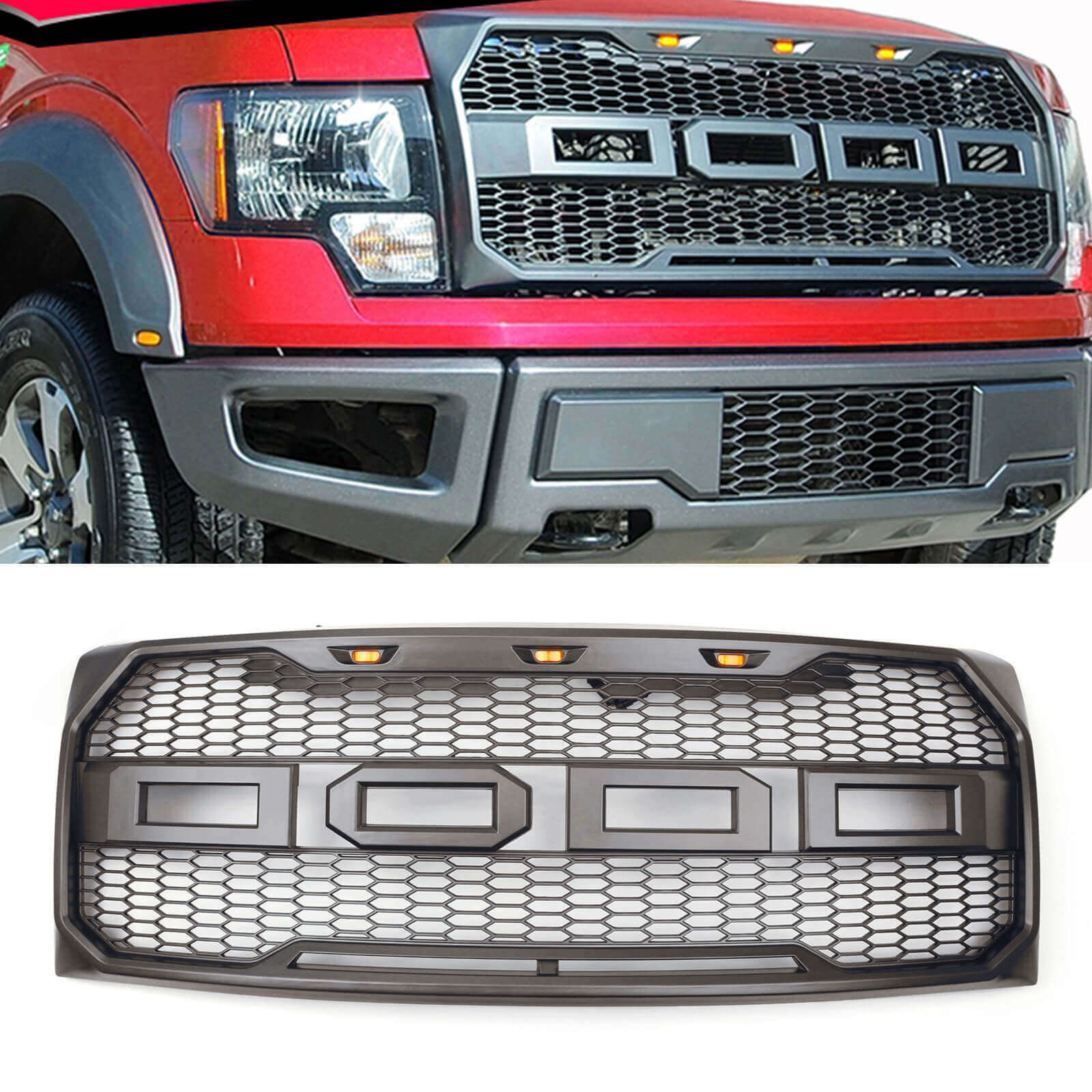 Calandre de remplacement Ford F150 XLT/Lariat/King Ranch/FX4 2009-2014 avec grille de style Raptor gris noir à LED