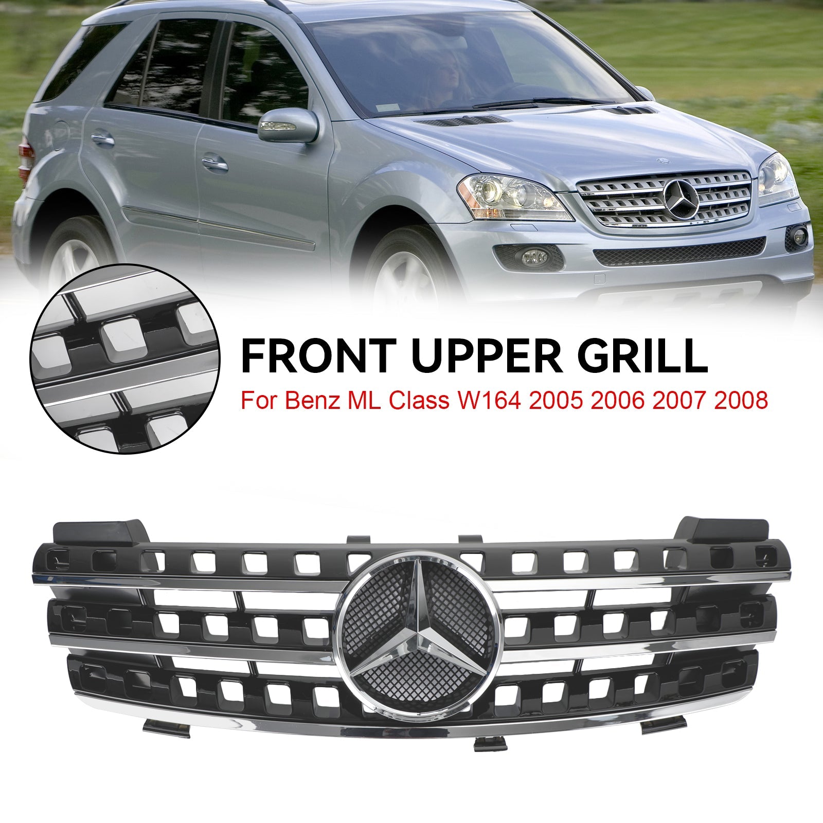 Parrilla delantera estilo AMG cromada negra para Mercedes Benz Clase ML W164 ML320/300/350/500 2005-2008