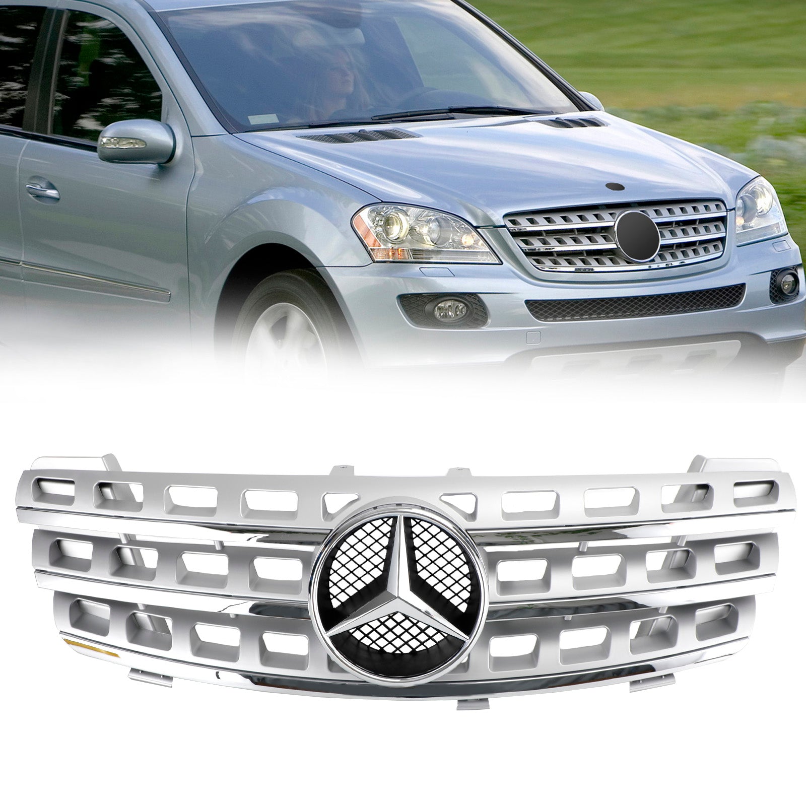 2005-2008 Mercedes Benz ML-Class W164 ML320/300/350/500 AMG Style Front Grill Chrome Silver Grille