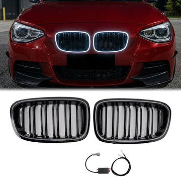 2011-2015 BMW 1 Series F20 F21 Double Line Kidney LED Grill Front Bumper Black Grille W/ Full Ring LED
