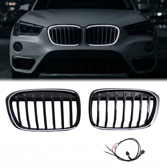 BMW X1 F48 2016-2019 etupuskurin yksirivinen säleikkö Munuaismusta säleikkö C-rengas LEDillä