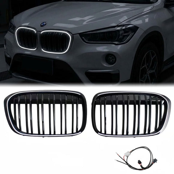 2016–2019 BMW X1 F48 2-teiliger Doppellinien-Nieren-LED-Grill für die vordere Stoßstange, schwarzer Ersatzgrill