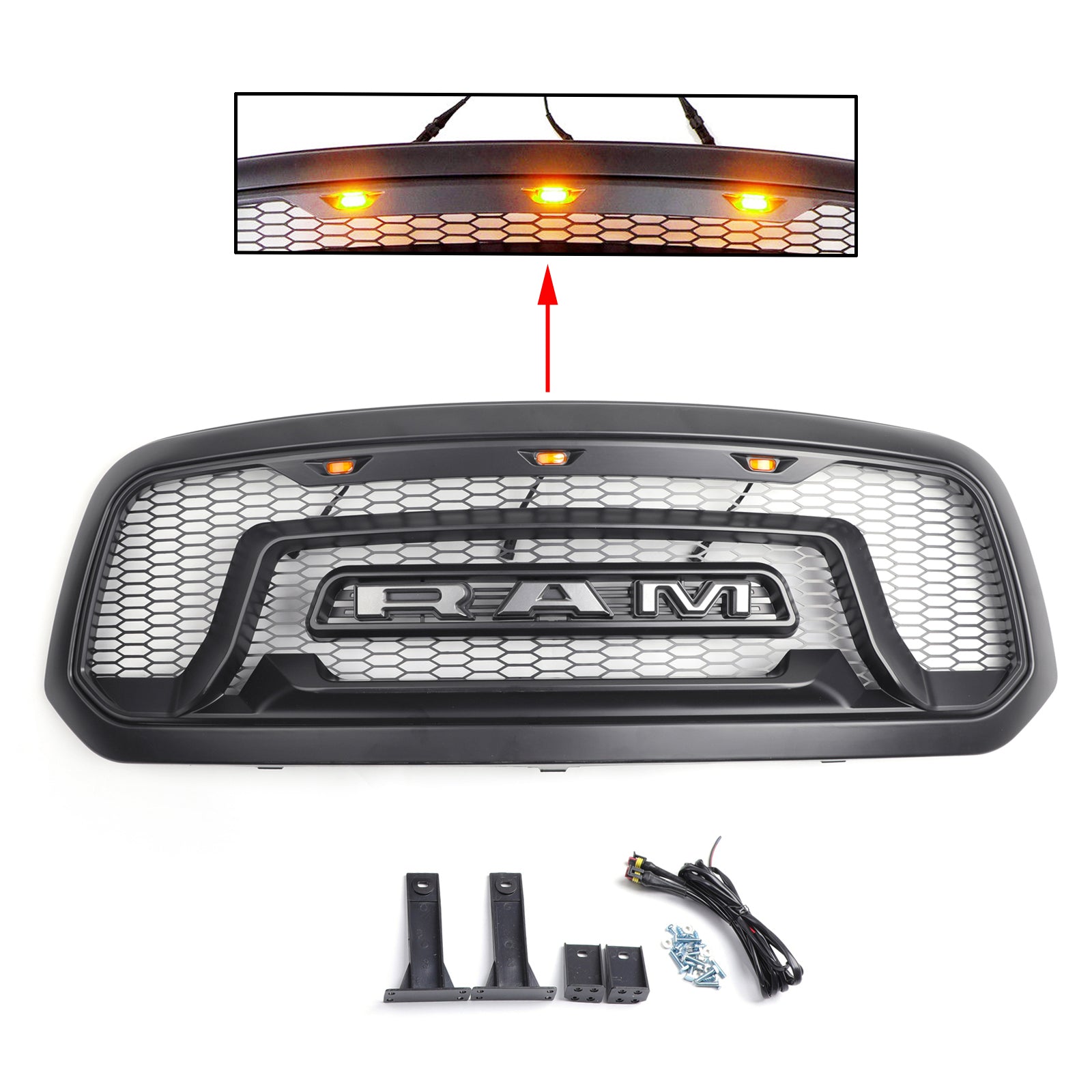 2013-2018 Dodge Ram 1500 Rebel Style Grill Front Bumper Replacement Black Grille W/ Letter and LED Light