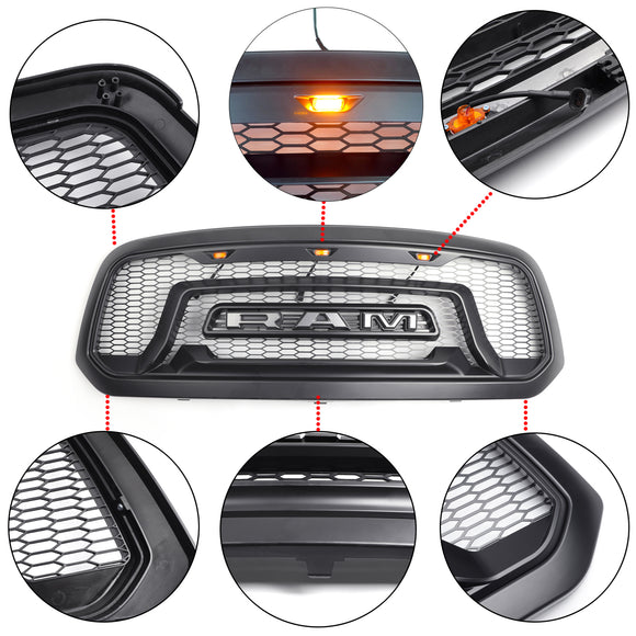 2013-2018 Dodge Ram 1500 Rebel Style Grill Front Bumper Replacement Black Grille W/ Letter and LED Light
