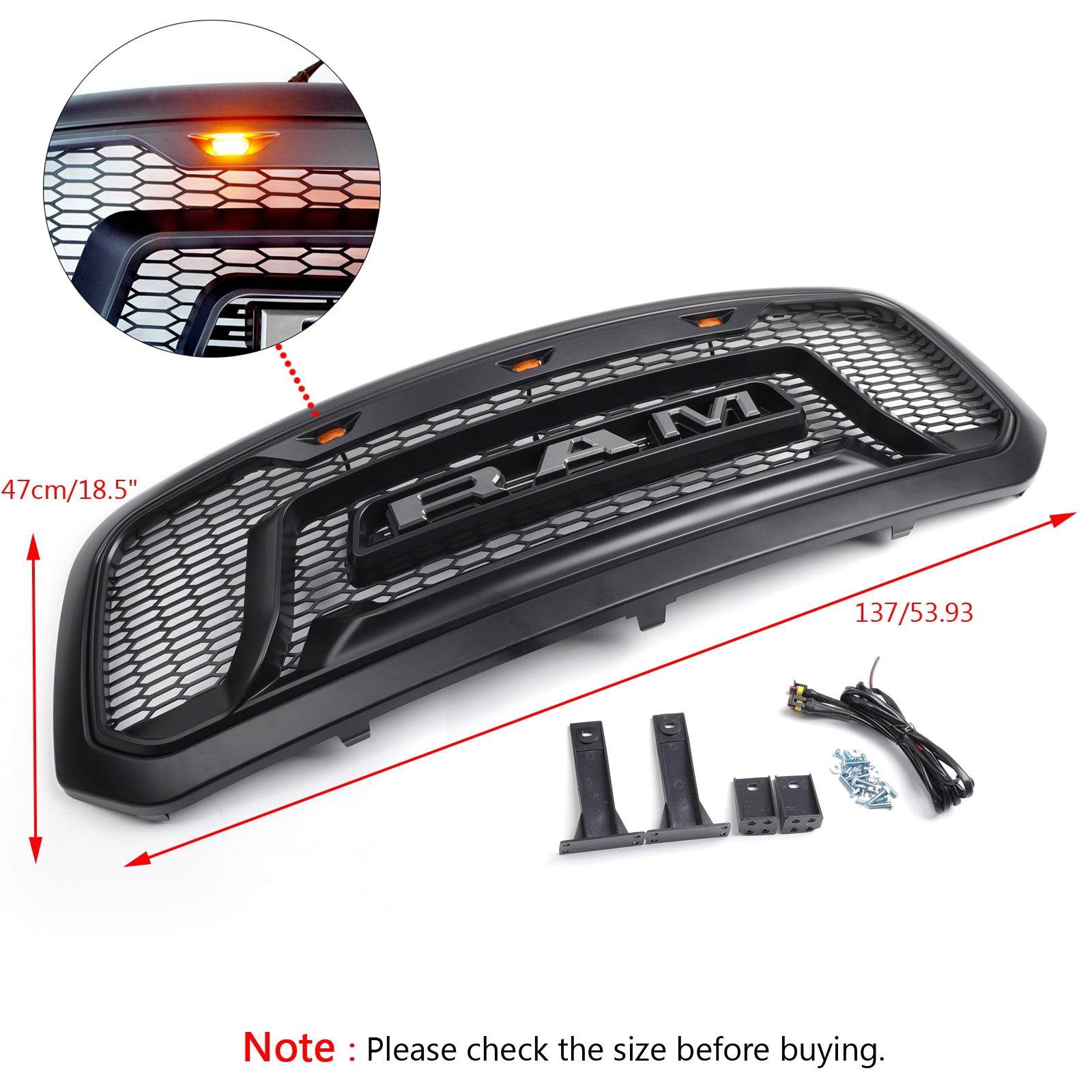 2013-2018 Dodge Ram 1500 Rebel Style Grill Front Bumper Replacement Black Grille W/ Letter and LED Light