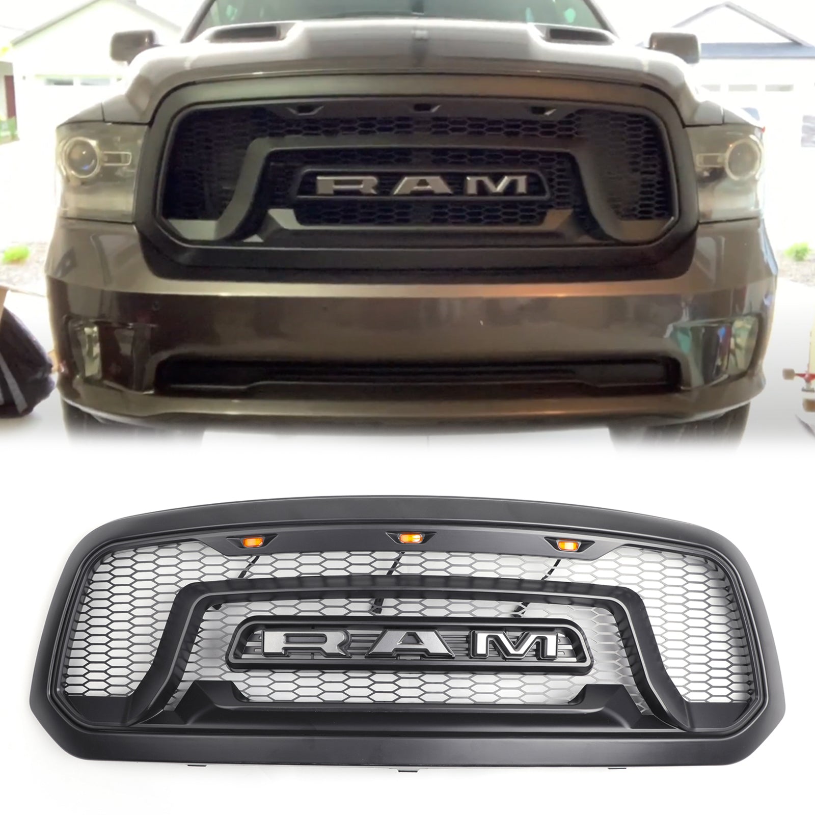 Grille de pare-chocs avant de remplacement de style Dodge Ram 1500 Rebel 2013-2018 Grille noire avec lettre et lumière LED