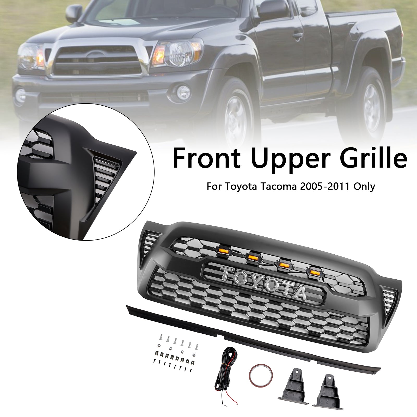 Toyota Tacoma | 2005-2011 | Parrilla TRD PRO | Negro mate | Rejilla de parachoques delantero con entrada de aire y radiador + luz LED y letras