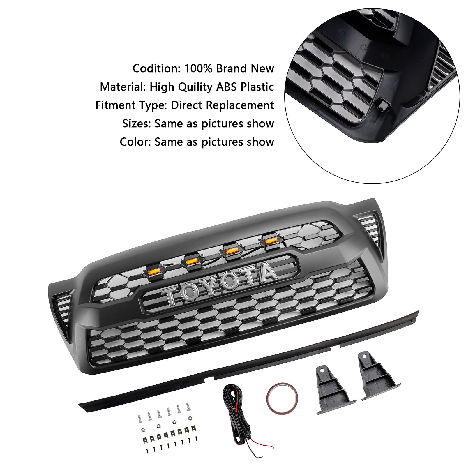 Toyota Tacoma 2005-2011 Trd Pro Style Front Grille Honeycomb Replacement Black Grill W/ Letter