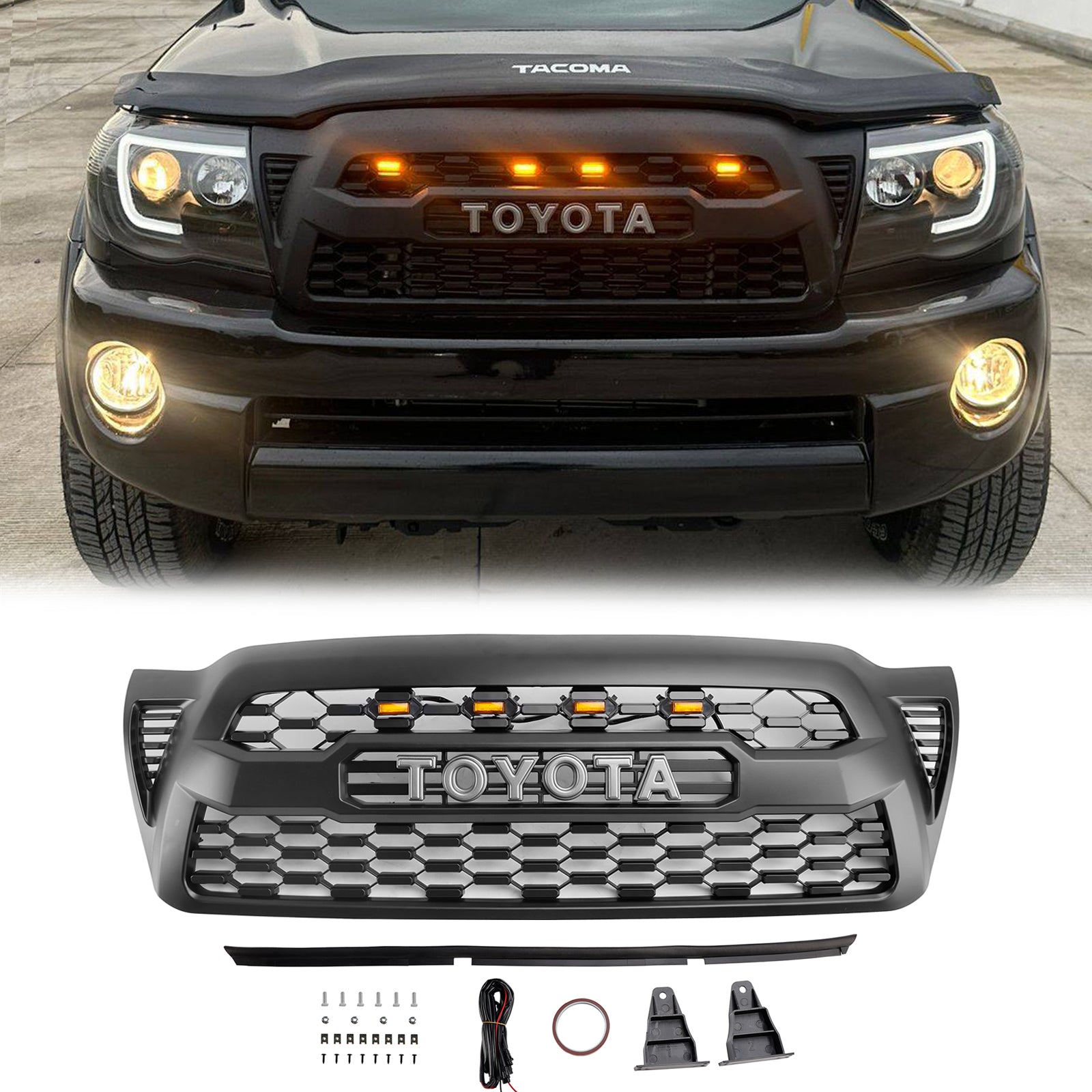 Toyota Tacoma 2005-2011 Trd Pro Style Front Grille Honeycomb Replacement Black Grill W/ Letter