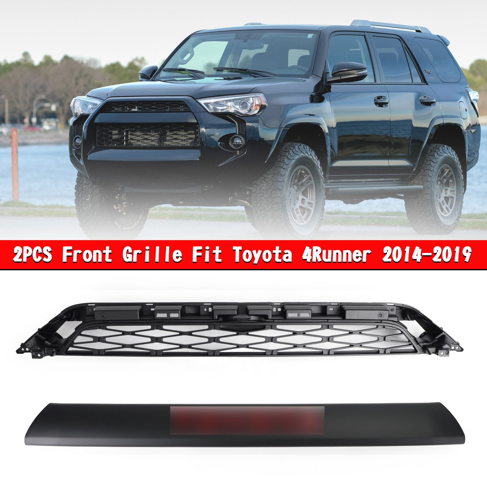 2014-2019 Toyota 4Runner TRD PRO 2 Piece Front Bumper Grill Replacement Blcak Grille