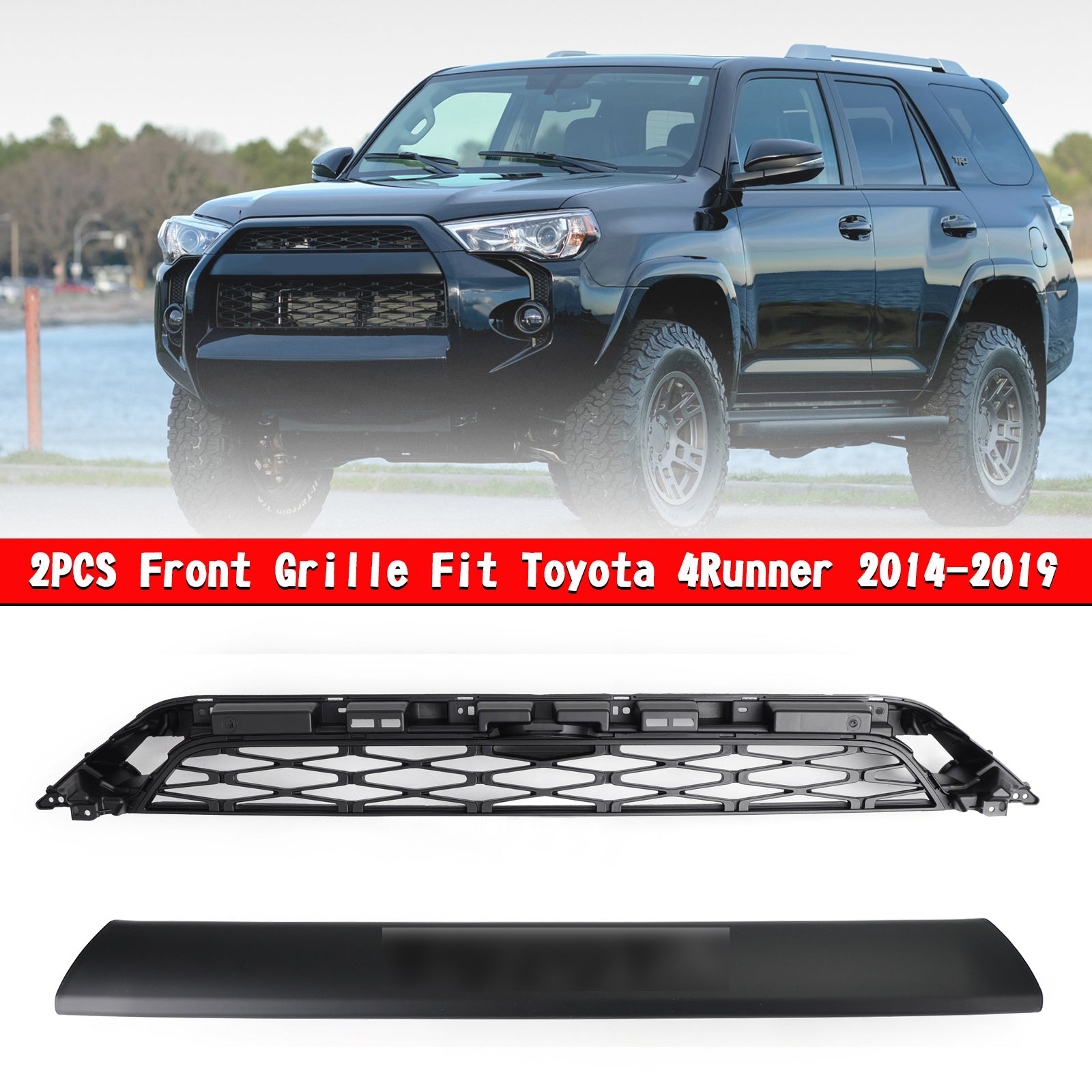 2014-2019 Toyota 4Runner TRD PRO 2 Piece Front Bumper Grill Replacement Blcak Grille