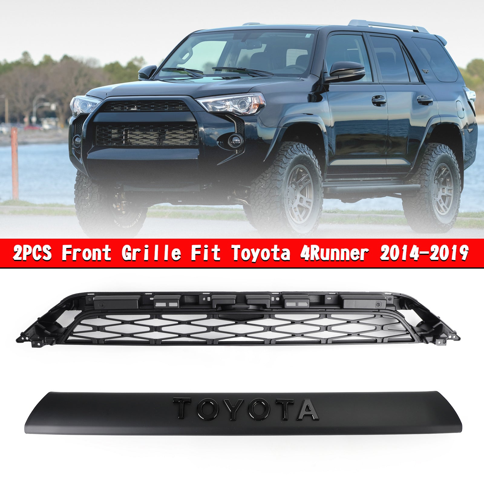 2014-2019 Toyota 4Runner TRD PRO 2 Piece Front Bumper Grill Replacement Blcak Grille