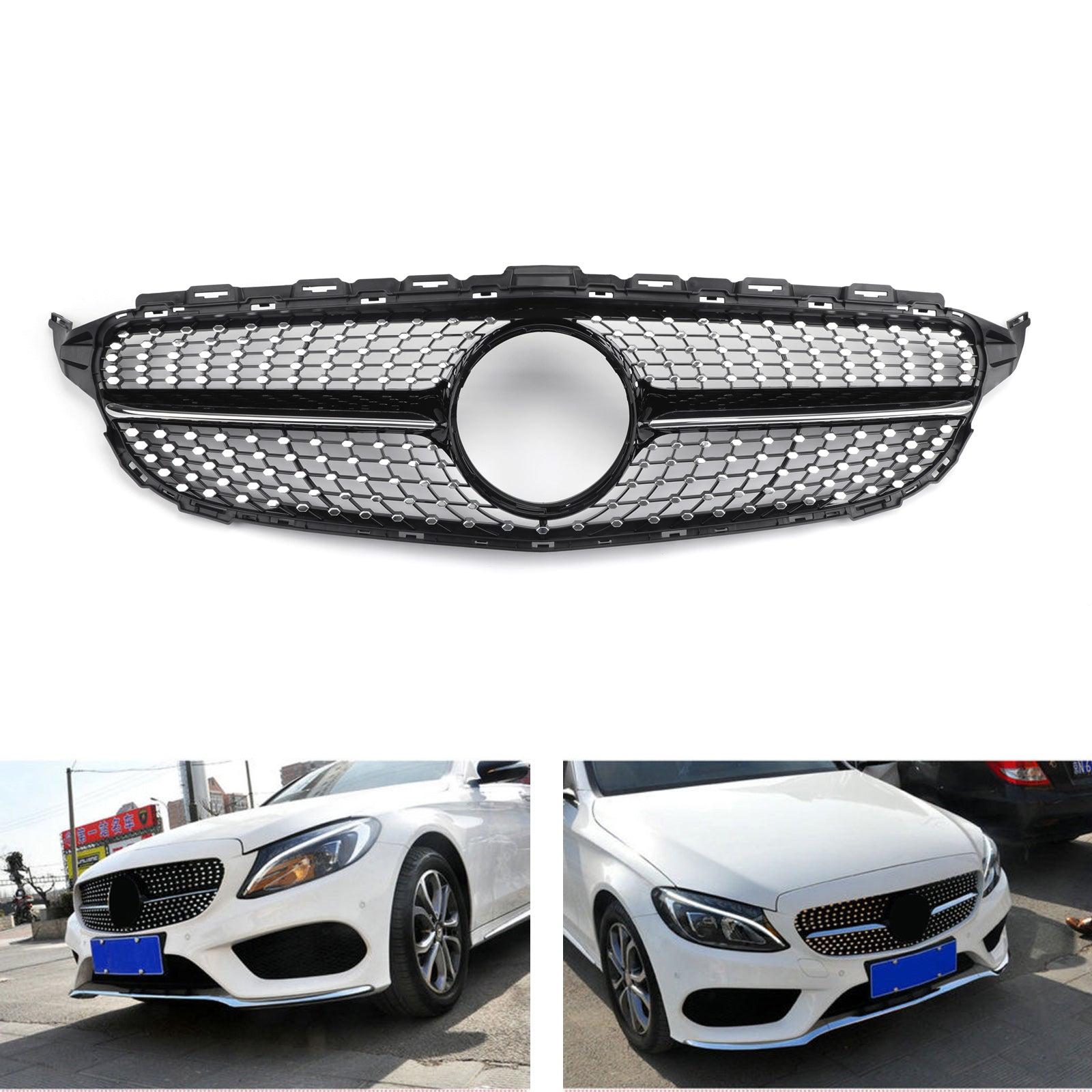 Parrilla delantera estilo AMG con diseño de diamante negro para Mercedes Benz Clase C W205 C200 C250 C300 C350 2015-2018 