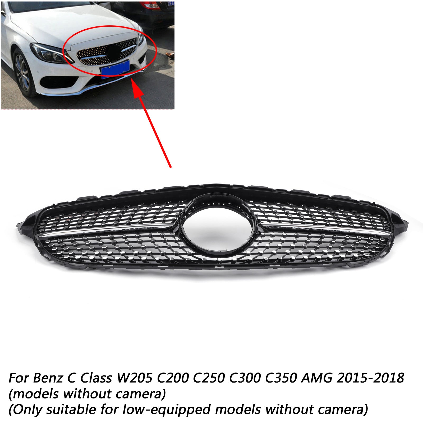 2015-2018 Mercedes Benz C Class W205 C205 A205 C200 C250 C300 C350 Diamond Black Grille Front Bumper Grill