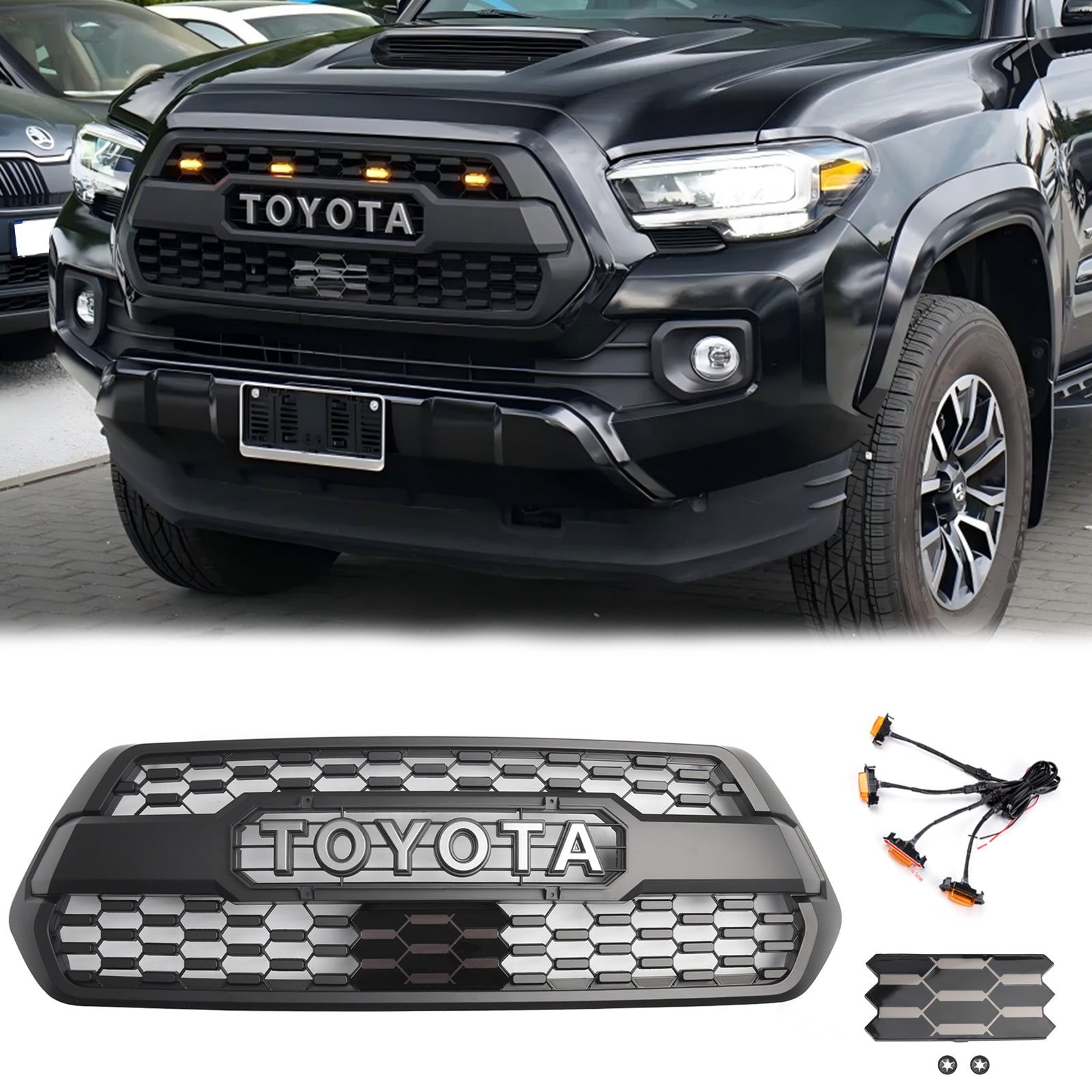 Kit de rejilla de repuesto para parachoques delantero estilo TRD PRO de Toyota Tacoma 2016-2023 con luz LED, color negro - 0