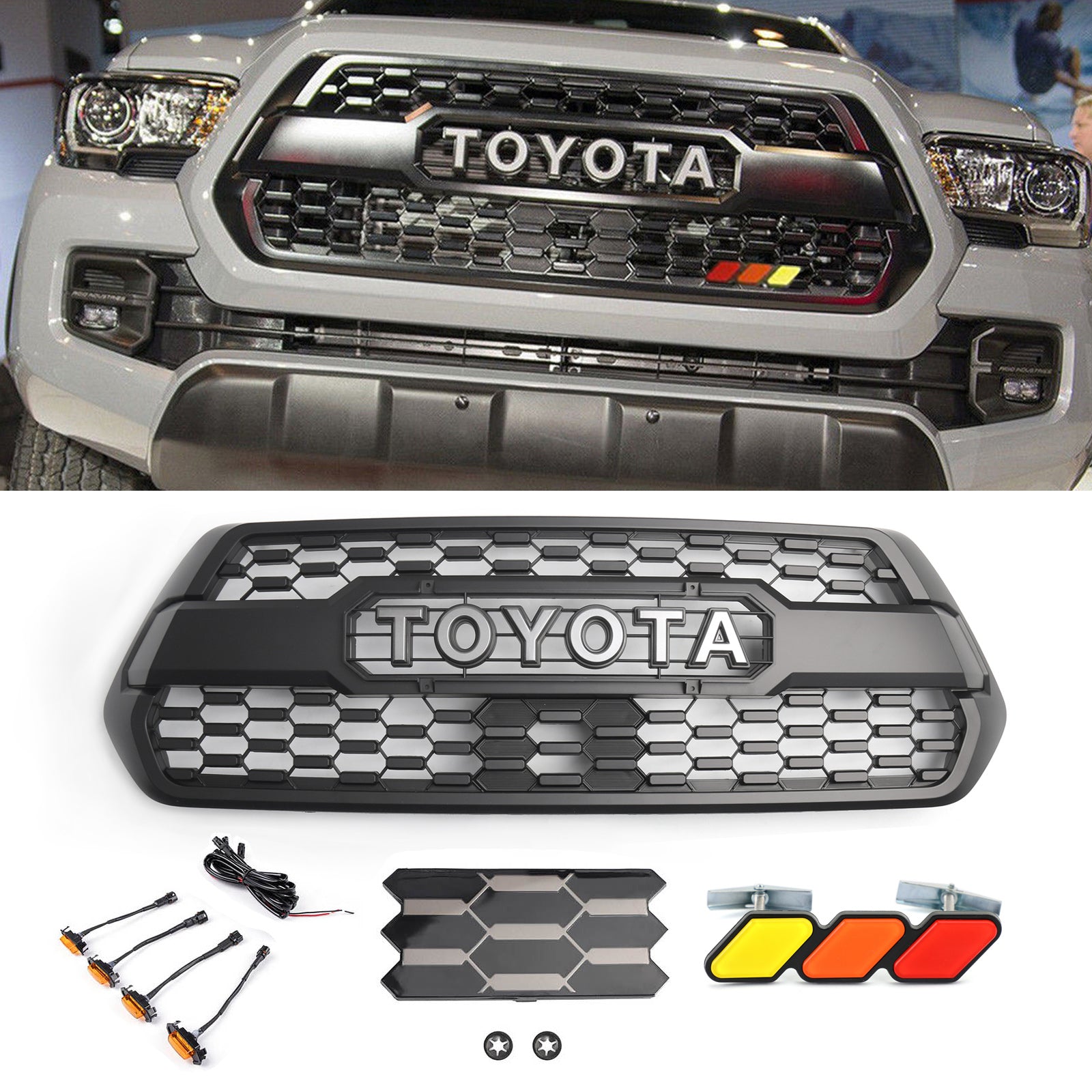 Kit de rejilla de repuesto para parachoques delantero estilo TRD PRO de Toyota Tacoma 2016-2023 con luz LED, color negro