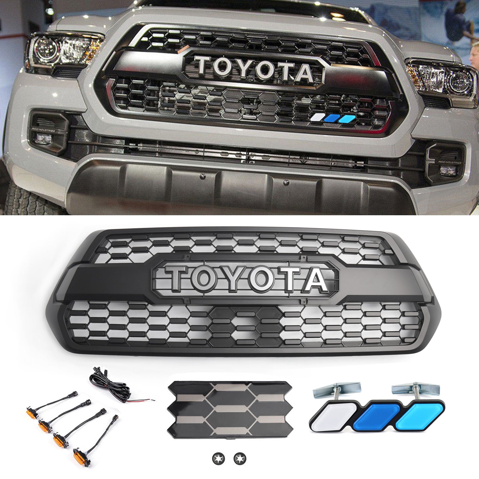 Kit de rejilla de repuesto para parachoques delantero estilo TRD PRO de Toyota Tacoma 2016-2023 con luz LED, color negro - 0