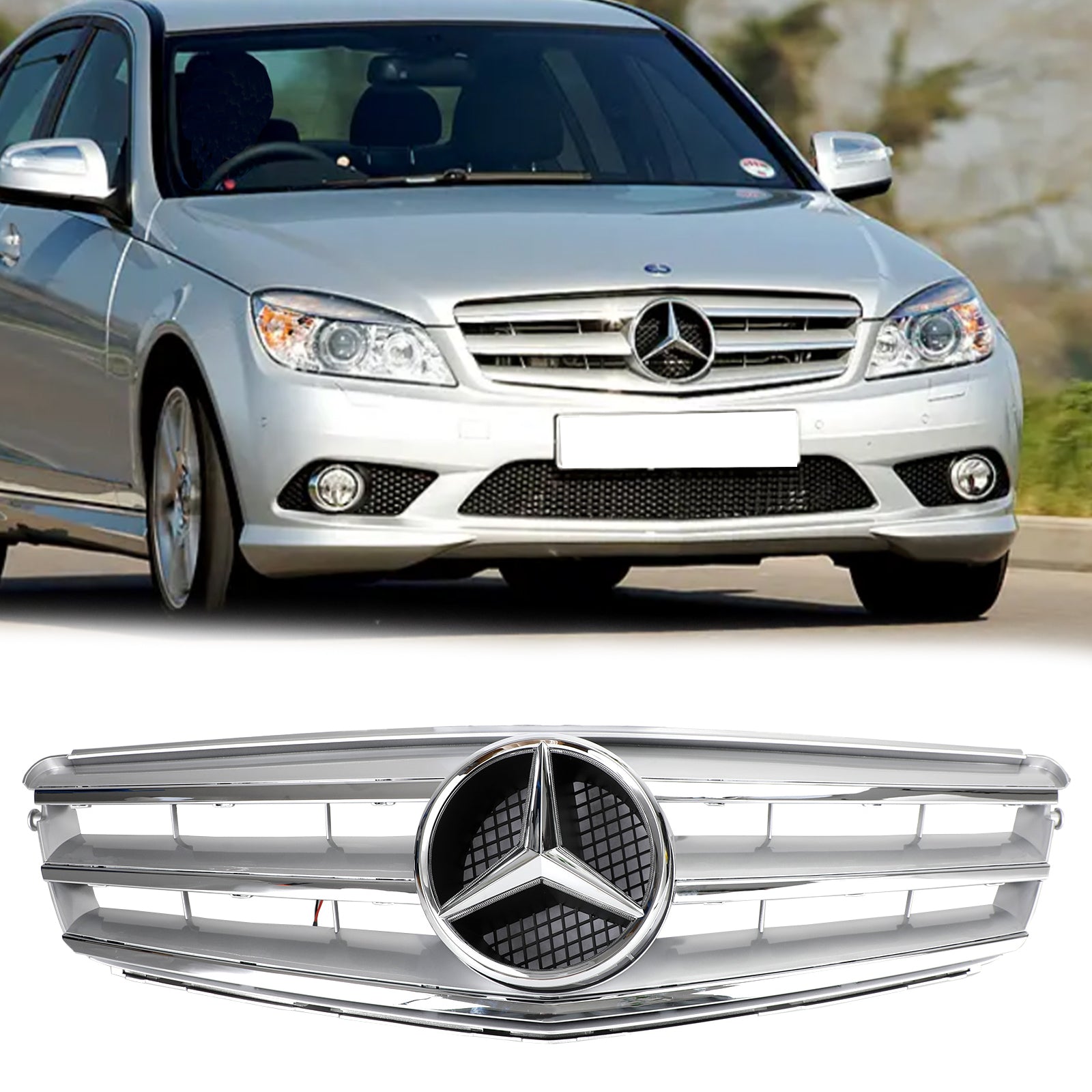 Parrilla delantera negra/cromada para Mercedes Benz Clase C W204 C250/C300/C350 2008-2014