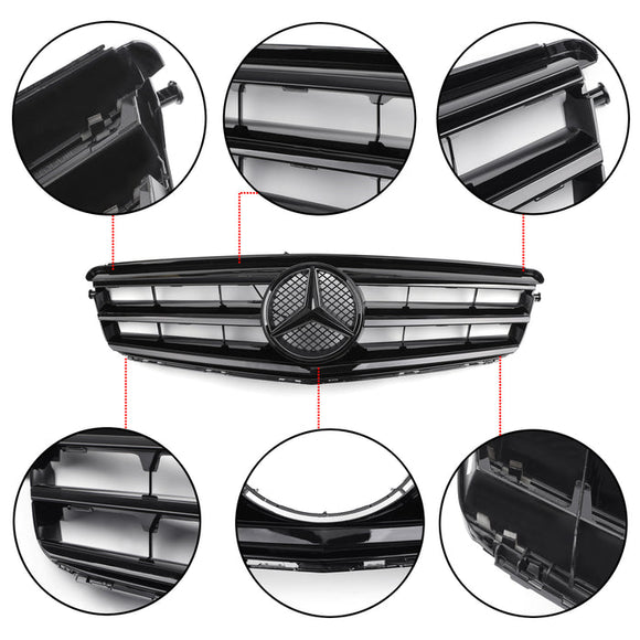 Mercedes Benz Classe C 2008-2014 W204 Grille de pare-chocs avant noire/chromée avec étoile LED pour C250/C300/C350