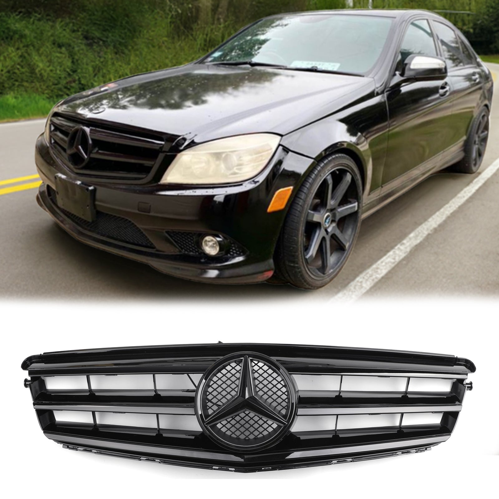 2008-2014 Mercedes Benz C Class W204 C250/C300/C350 Front Bumper Grill Black/Chrome Grille With LED Star