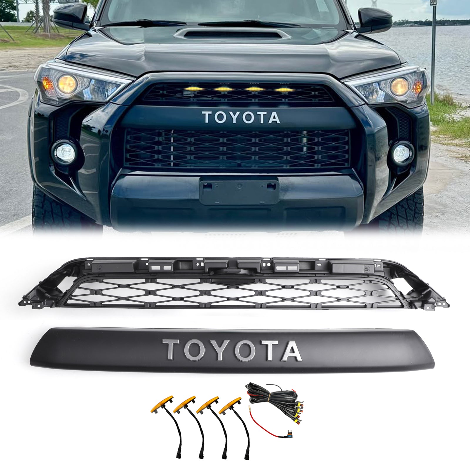 Kit de parrilla de parachoques delantero TRD PRO para Toyota 4Runner 2014-2019 con 4 luces LED ámbar