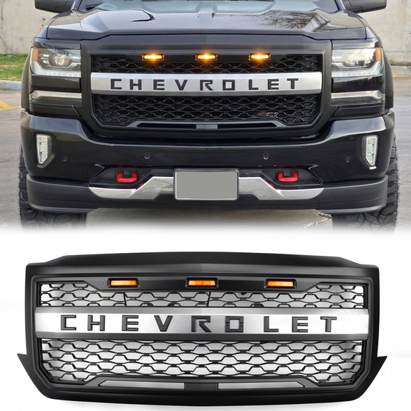 Chevrolet Silverado 1500 2016 2017 2018 Matzwarte honingraatgrille voorbumper vervangende grill met LED-licht