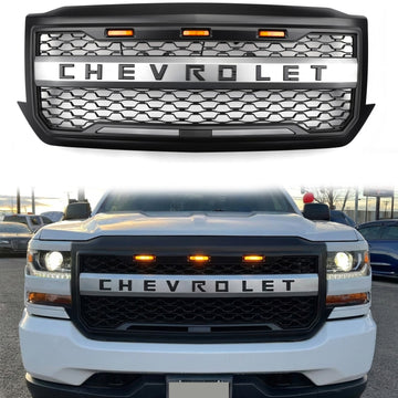 Chevrolet Silverado 1500 2016 2017 2018 Matte Black Honeycomb Grille Front Bumper Replacement Grill W/ LED Light
