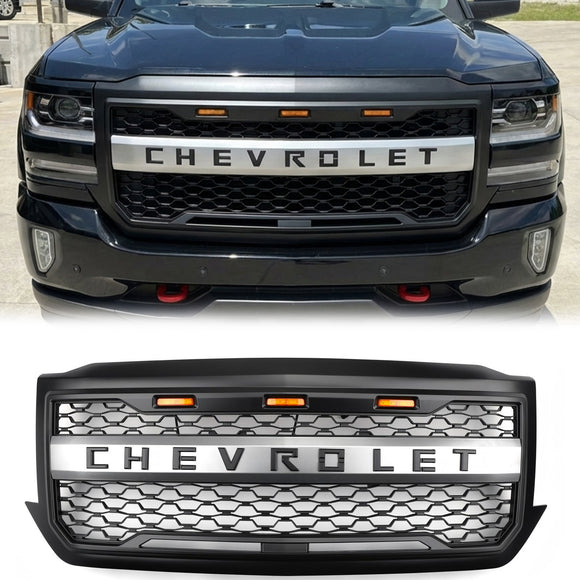 Chevrolet Silverado 1500 2016 2017 2018 Matzwarte honingraatgrille voorbumper vervangende grill met LED-licht