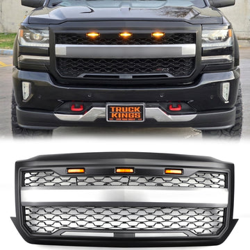 Chevrolet Silverado 1500 2016-2018 Honeycomb Front Grill Front Bumper Black Grill W/ LED Light
